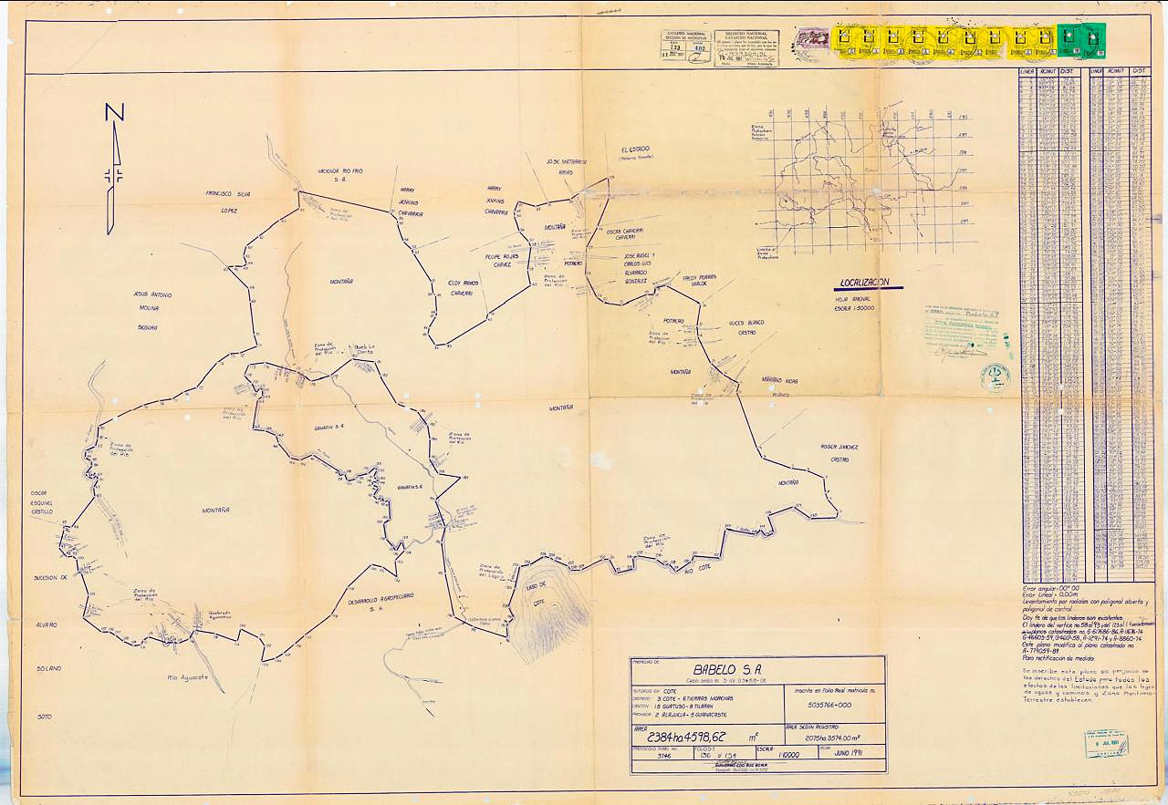 Cadastral plan of Babelo S.A. property at Lago Cote